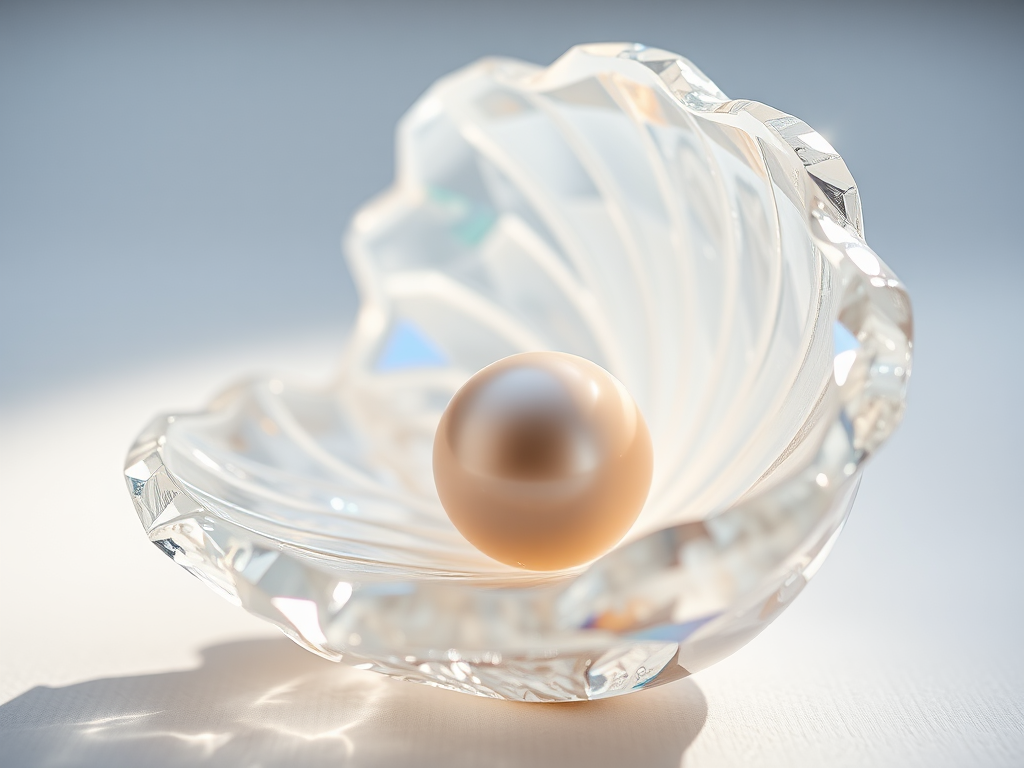 Delicate pearl in crystal shell, glimmering with refracted colors.