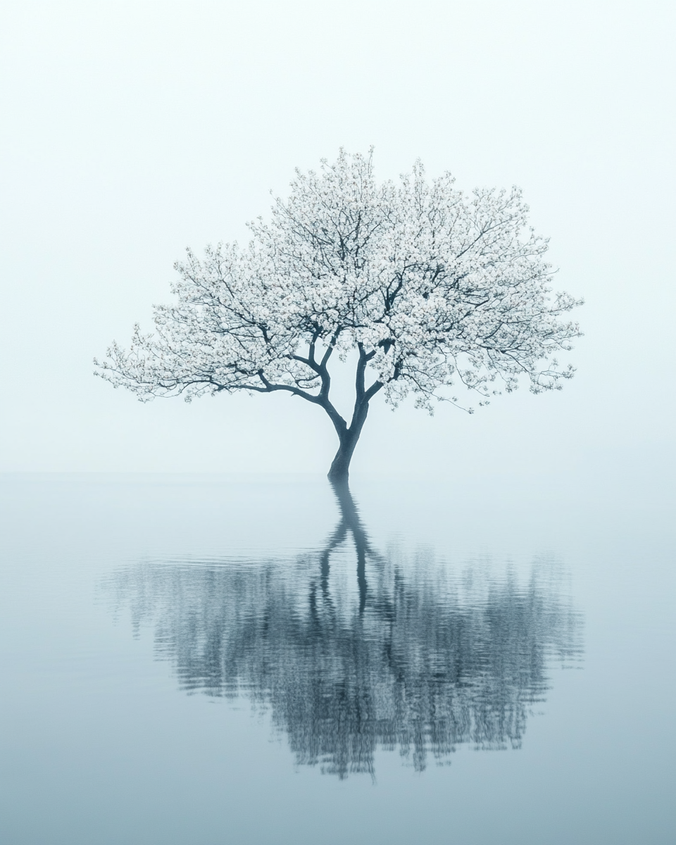 Delicate tree with white flowers reflected in calm water.