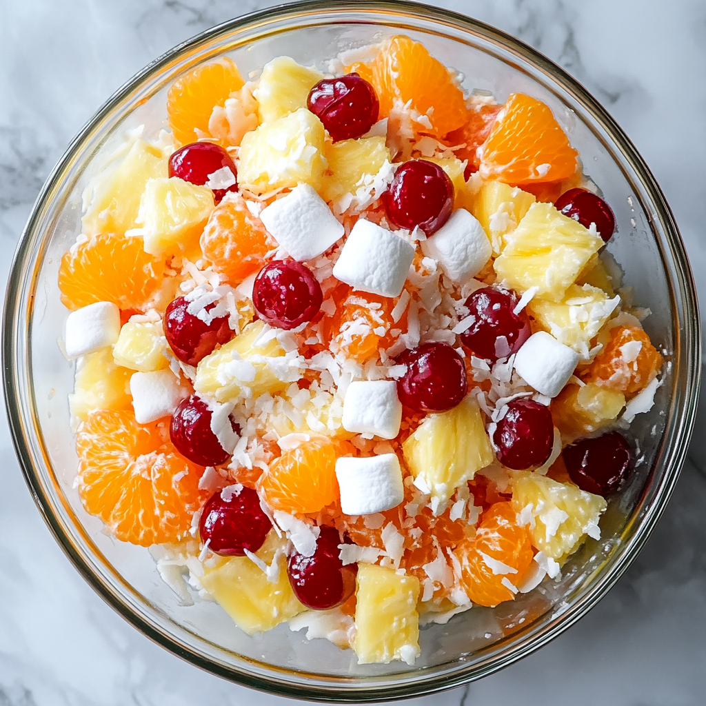 Delicious Ambrosia Salad: Pineapple, Mandarin, Marshmallow, Cherry, Coconut