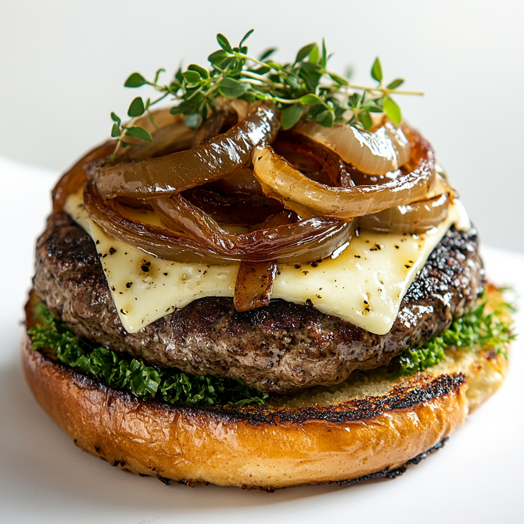 Delicious Brie Burger with Caramelized Onions and Arugula