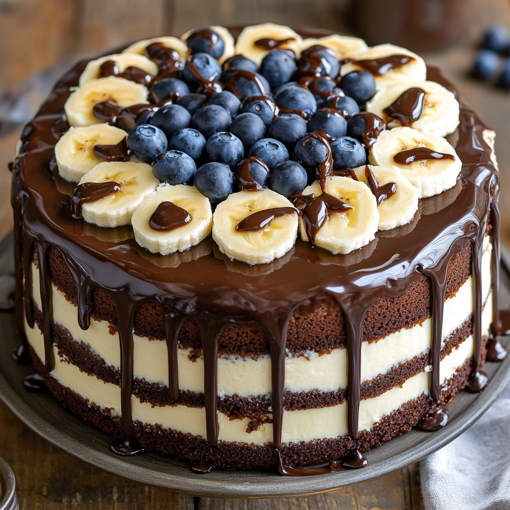 Delicious Chocolate Banana Layered Cake with Blueberries