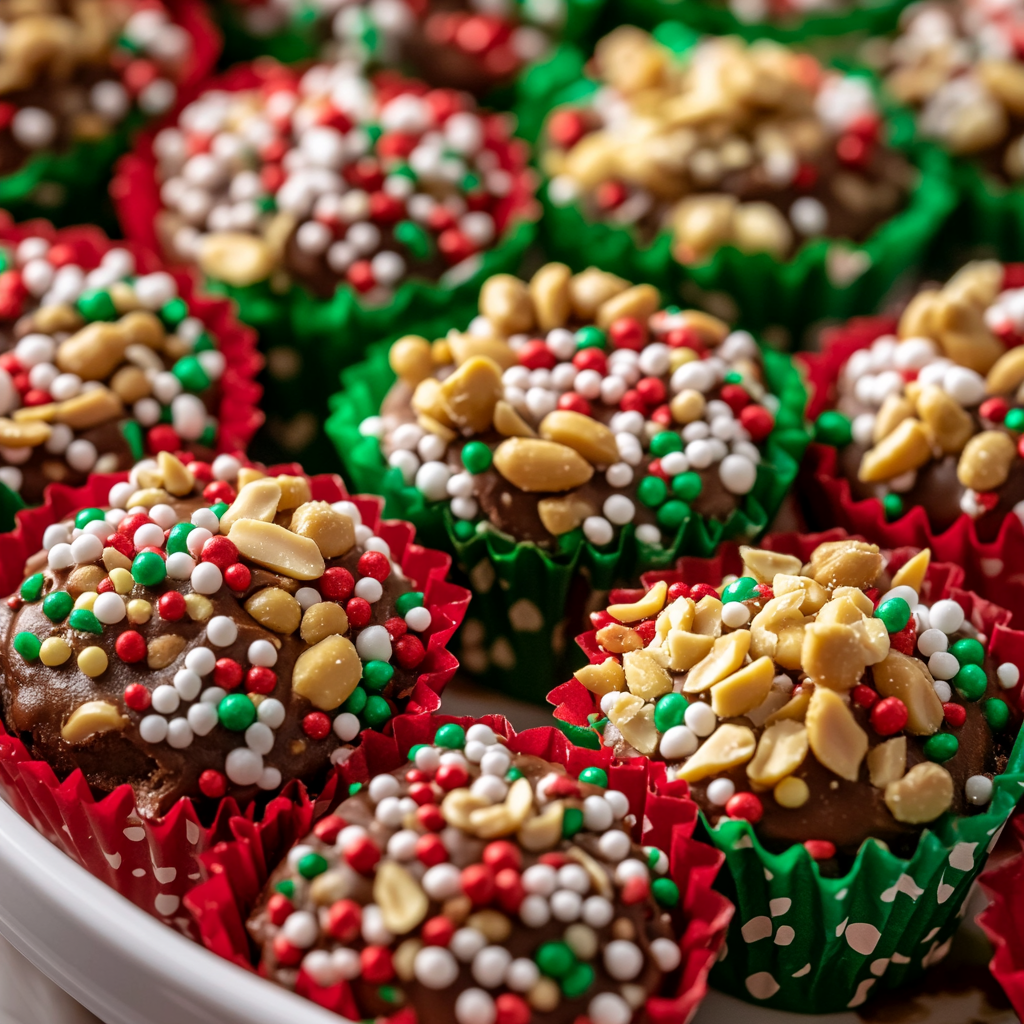 Delicious Christmas chocolate and peanut treats arrangement.