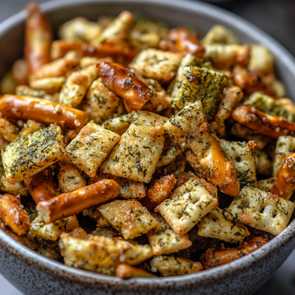 Delicious Dill Pickle Chex Mix Snack Bowl