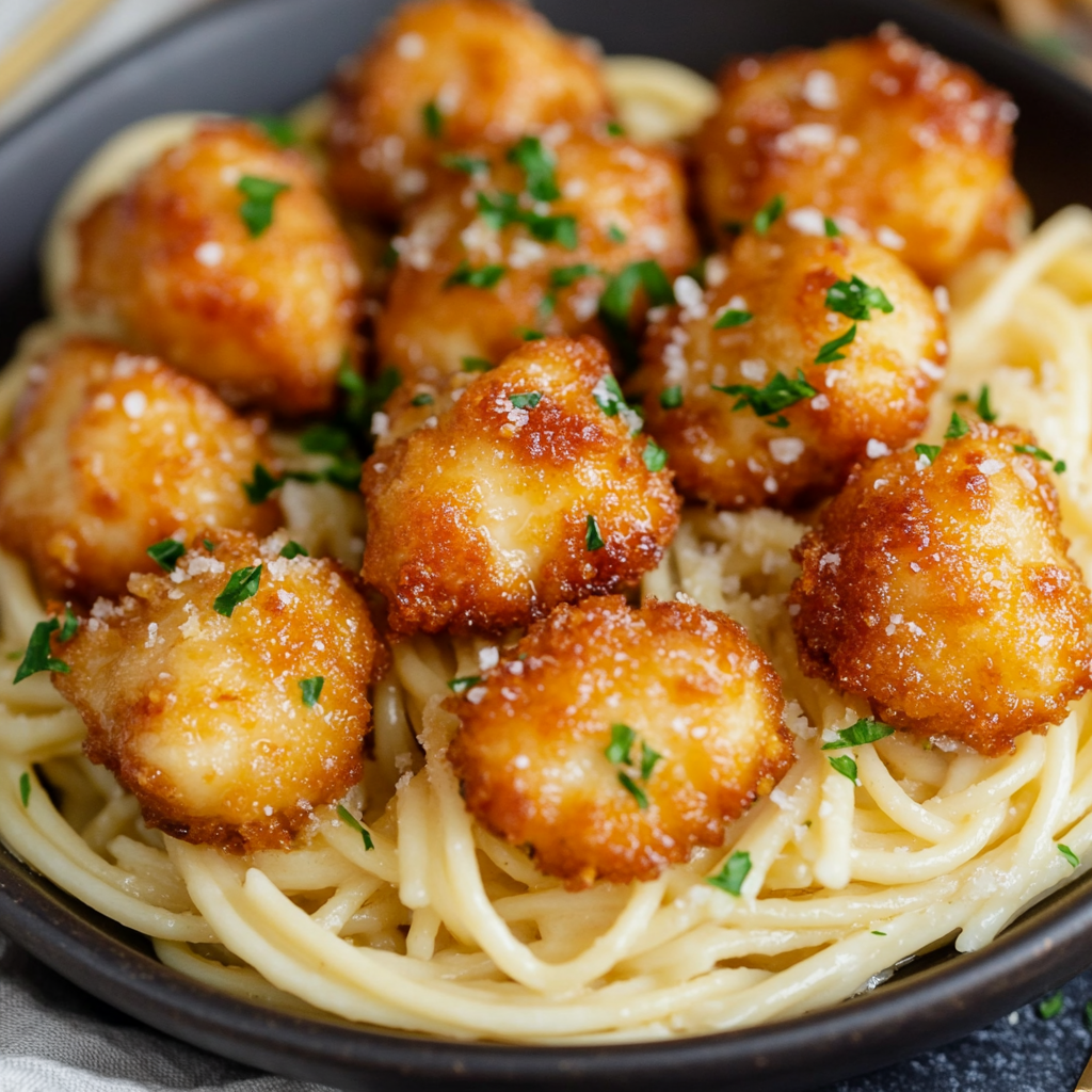 Delicious Golden Garlic Chicken Bites on Creamy Spaghetti