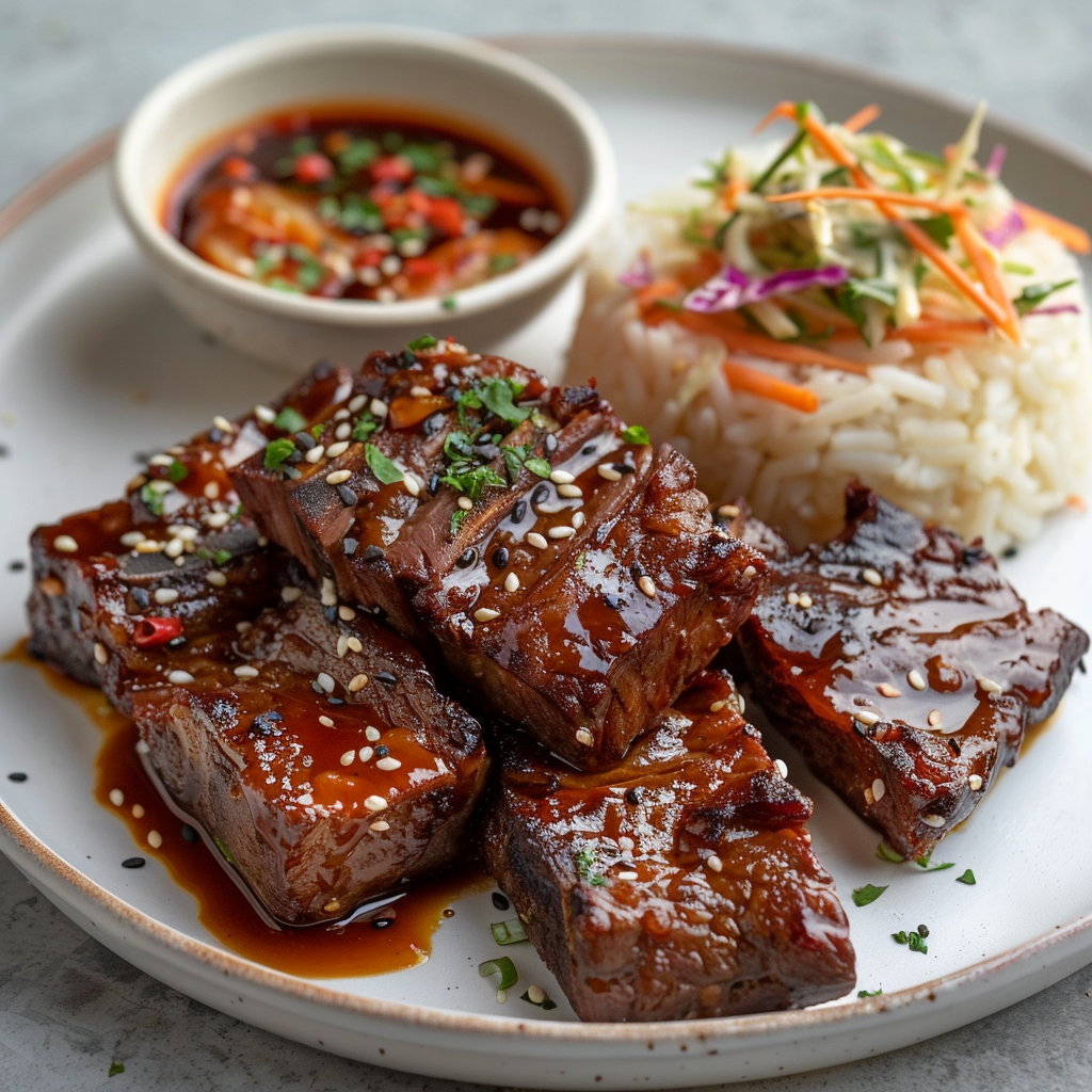 Delicious Korean beef, rice, coleslaw on white plate