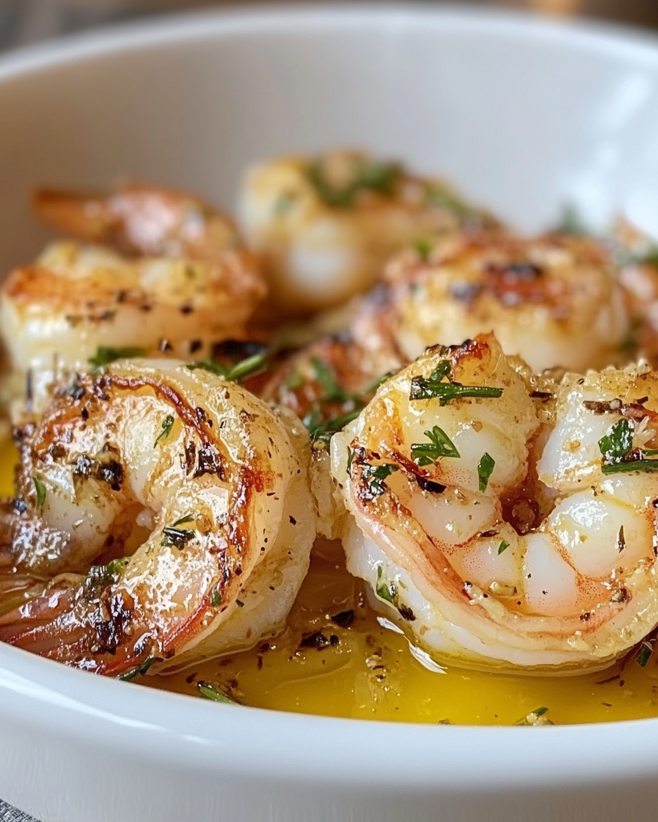 Delicious Lemon Garlic Shrimp Skewers in White Bowl.