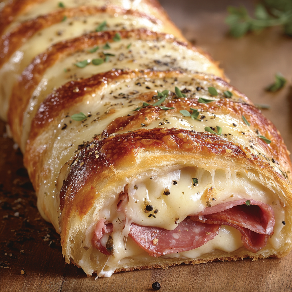 Delicious Stromboli on Wooden Board, Sliced and Stuffed.