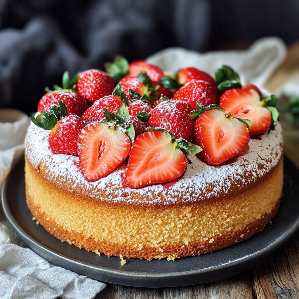 Delicious cake with fresh strawberries and sweet powdered sugar