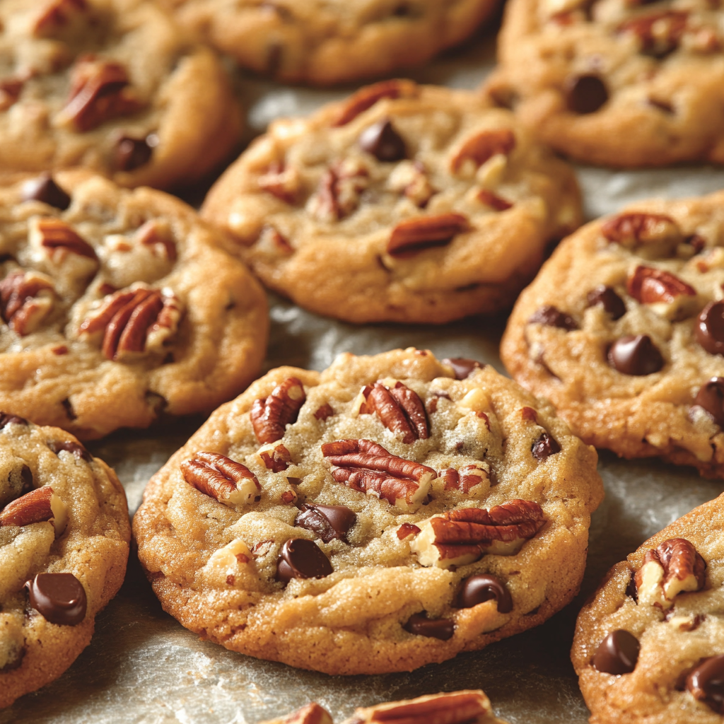 Delicious chocolate chip cookies with pecans on parchment.