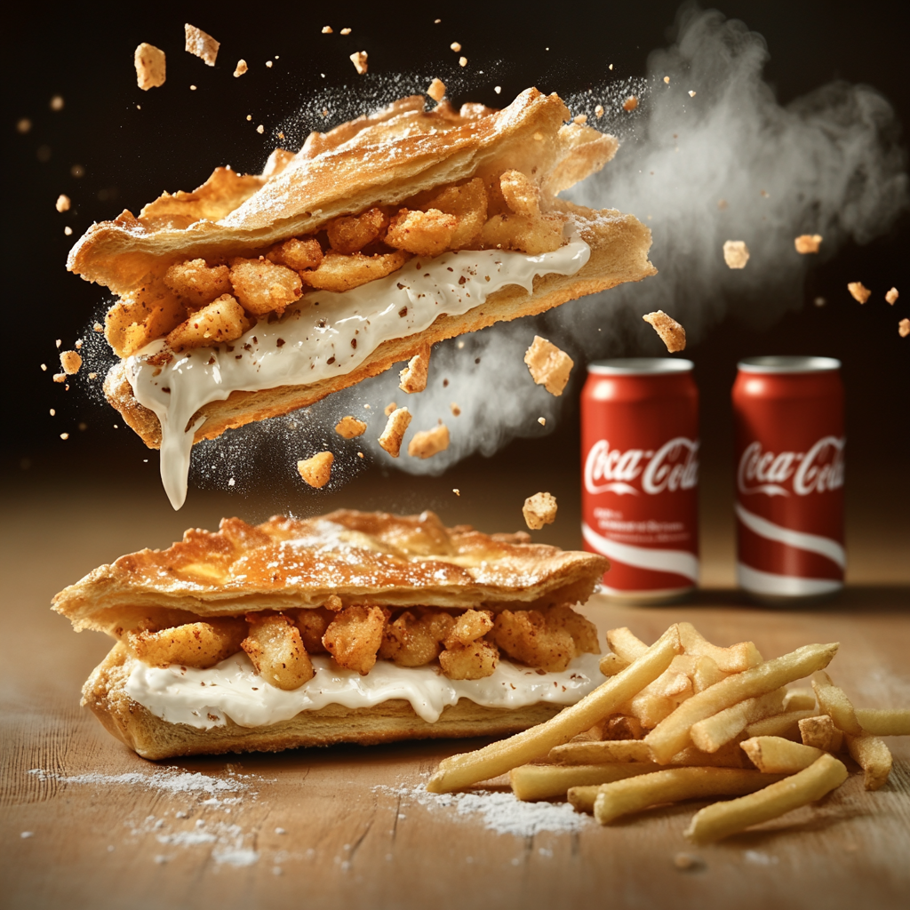 Delicious frozen galette sandwich with flying chicken & fries.