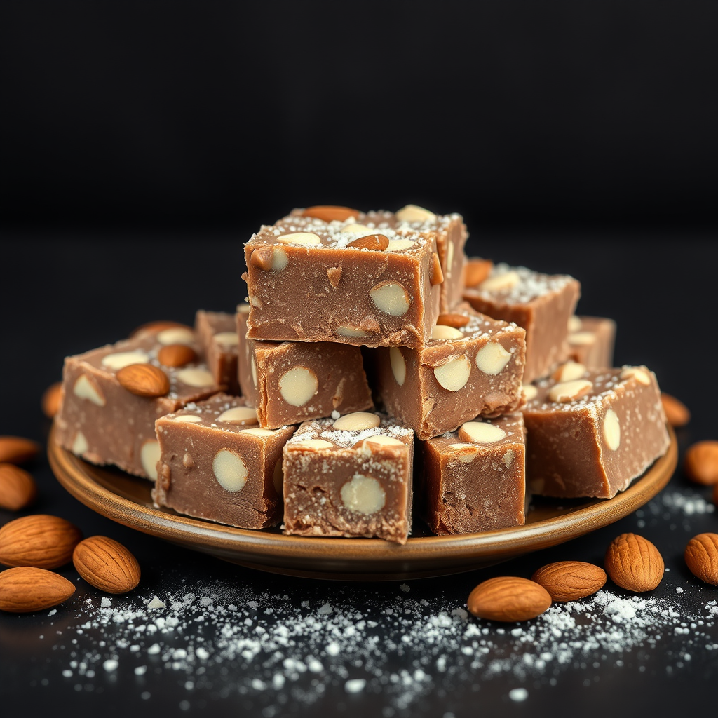 Delicious homemade chocolate almond fudge on display.