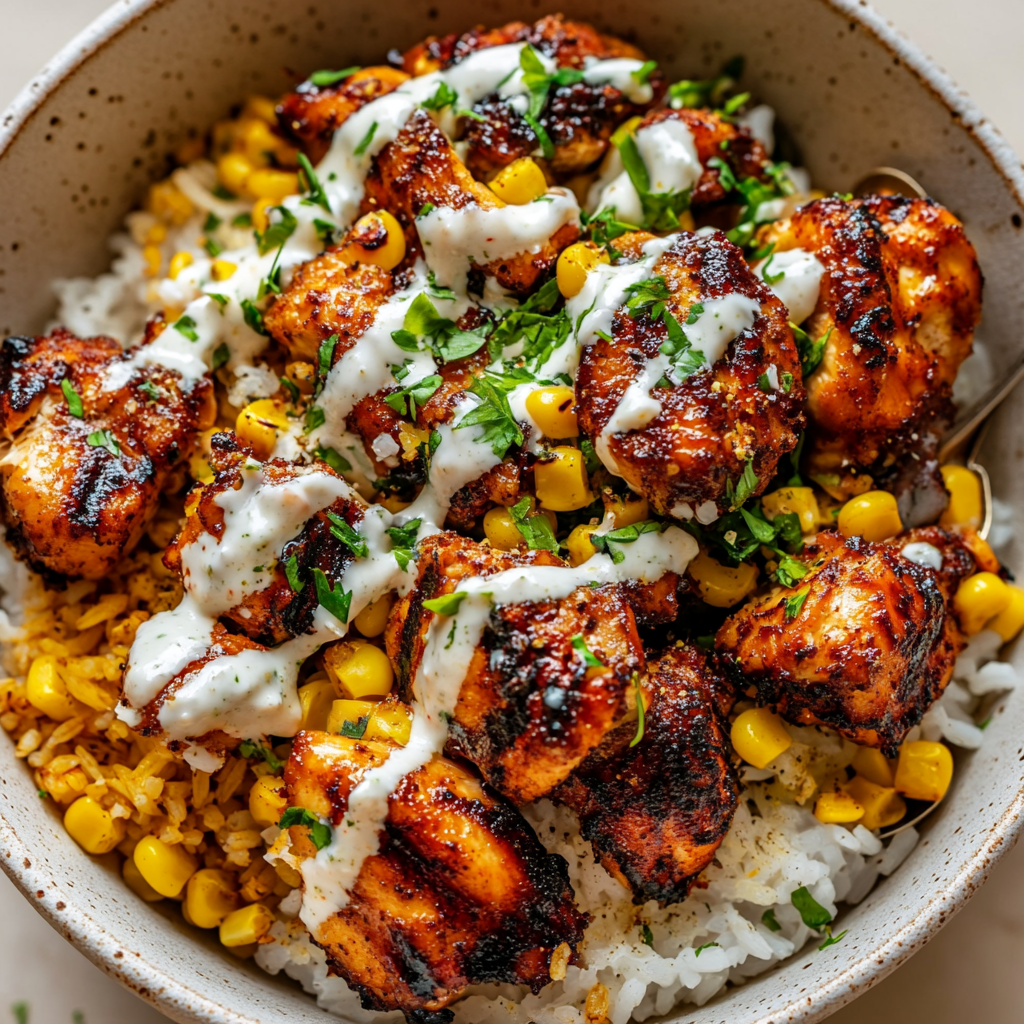 Delicious rice bowl with grilled chicken and corn