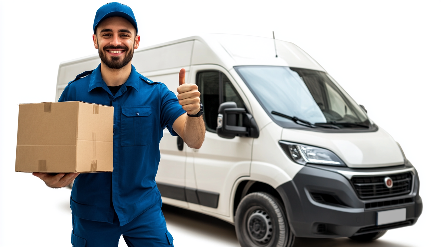 Delivery man in blue uniform with box and van.