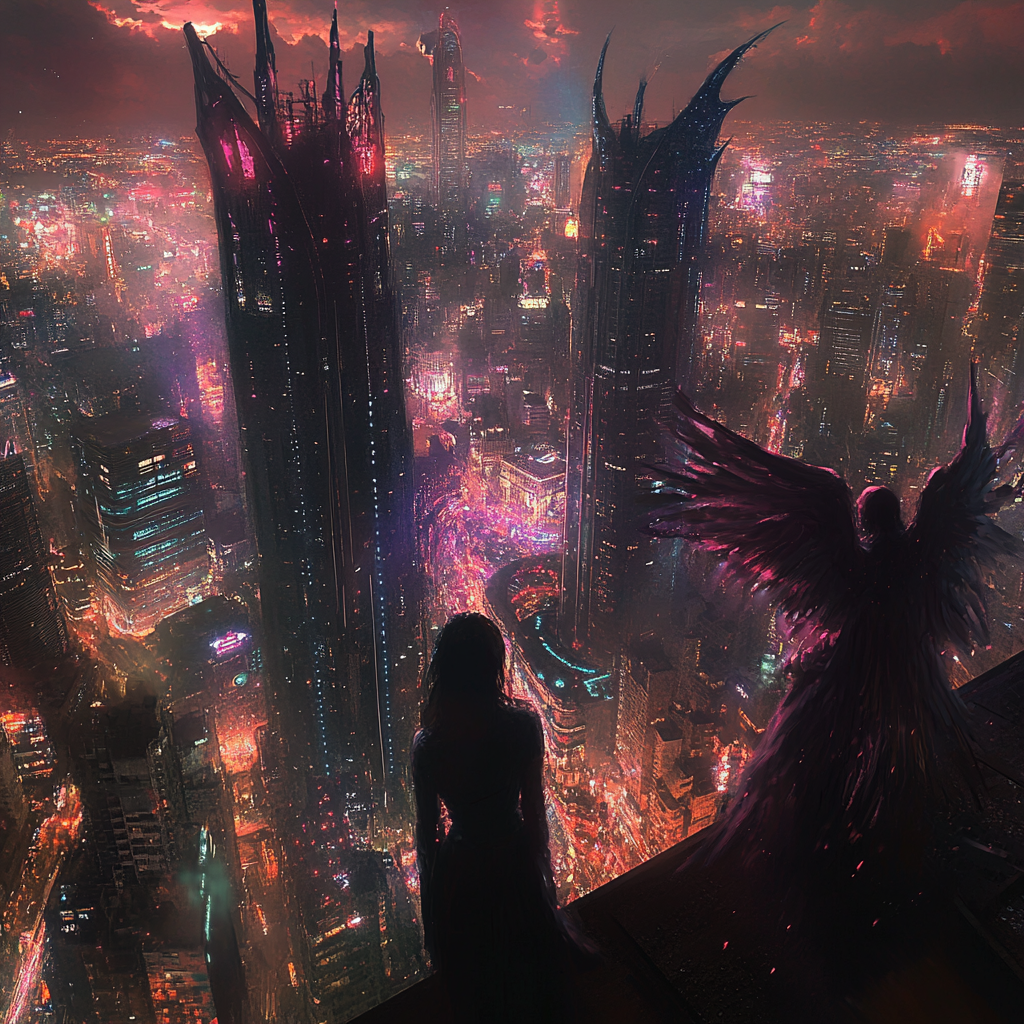 Demon, Angel, Futuristic Woman in Cyberpunk Tokyo.