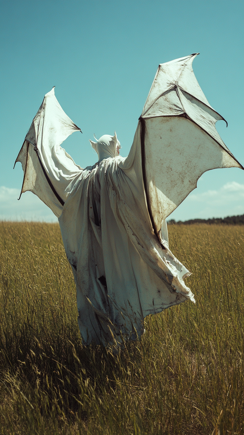 Demonic figure in rags standing in grassy field.