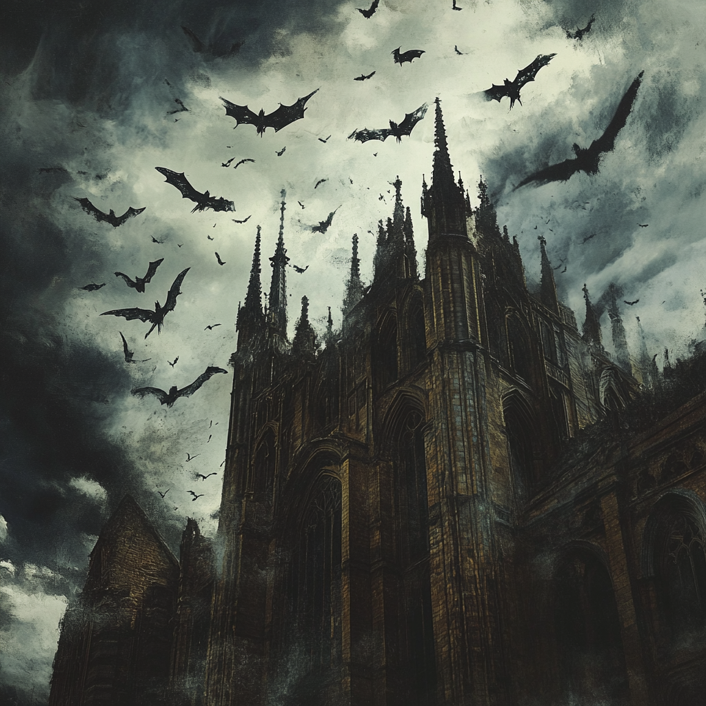 Demons flying around cathedral with dark clouds.