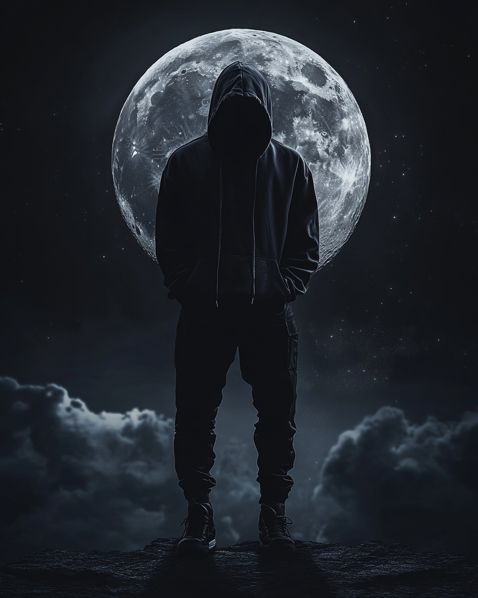 Depressed man in cyberpunk hoodie under cosmic moon.