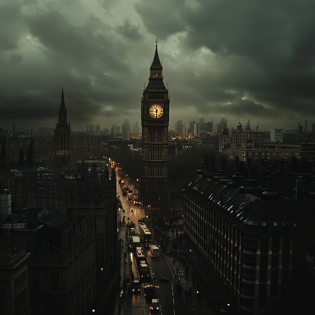 Depressing London cityscape, Big Ben, desolate socialist vibes