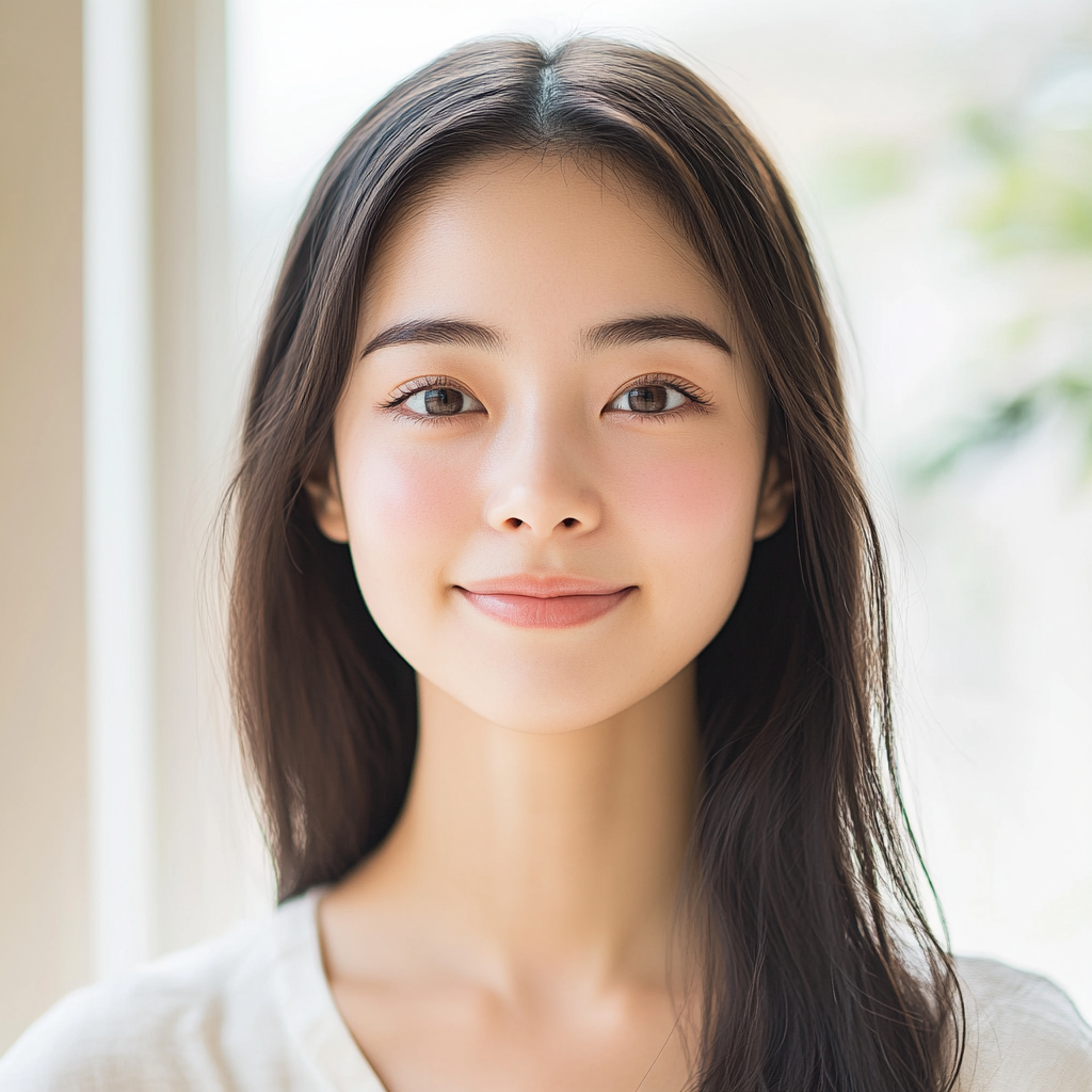 Description of young Japanese woman in bright room.