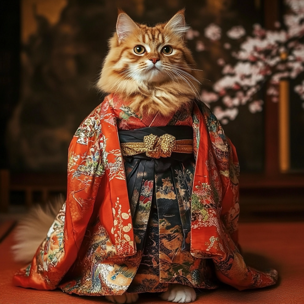 Desenhe gato persa com kimono japonês elegante.