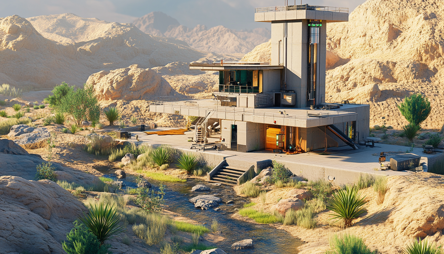 Desert Outpost with Oasis, Creek, Watch Tower.