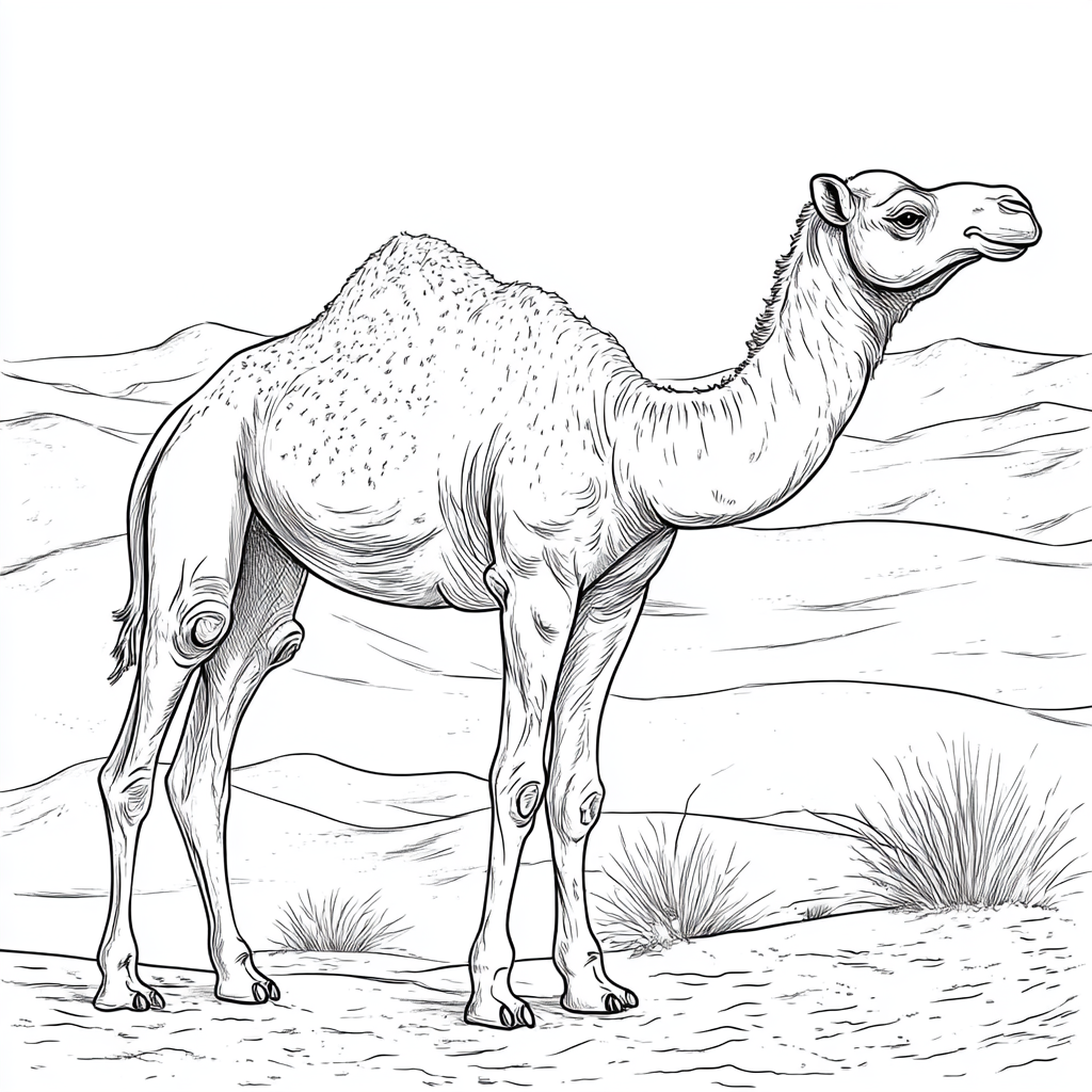 Desert camel with sand dunes for coloring book.