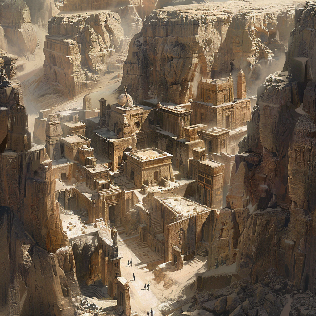 Desert city with ancient tombs, stone buildings, muted tones.