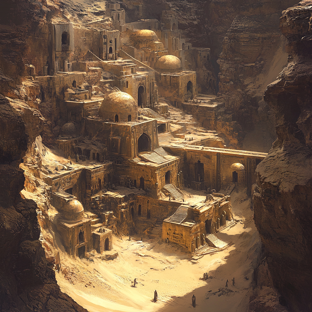 Desert city with ancient tombs and carved buildings.