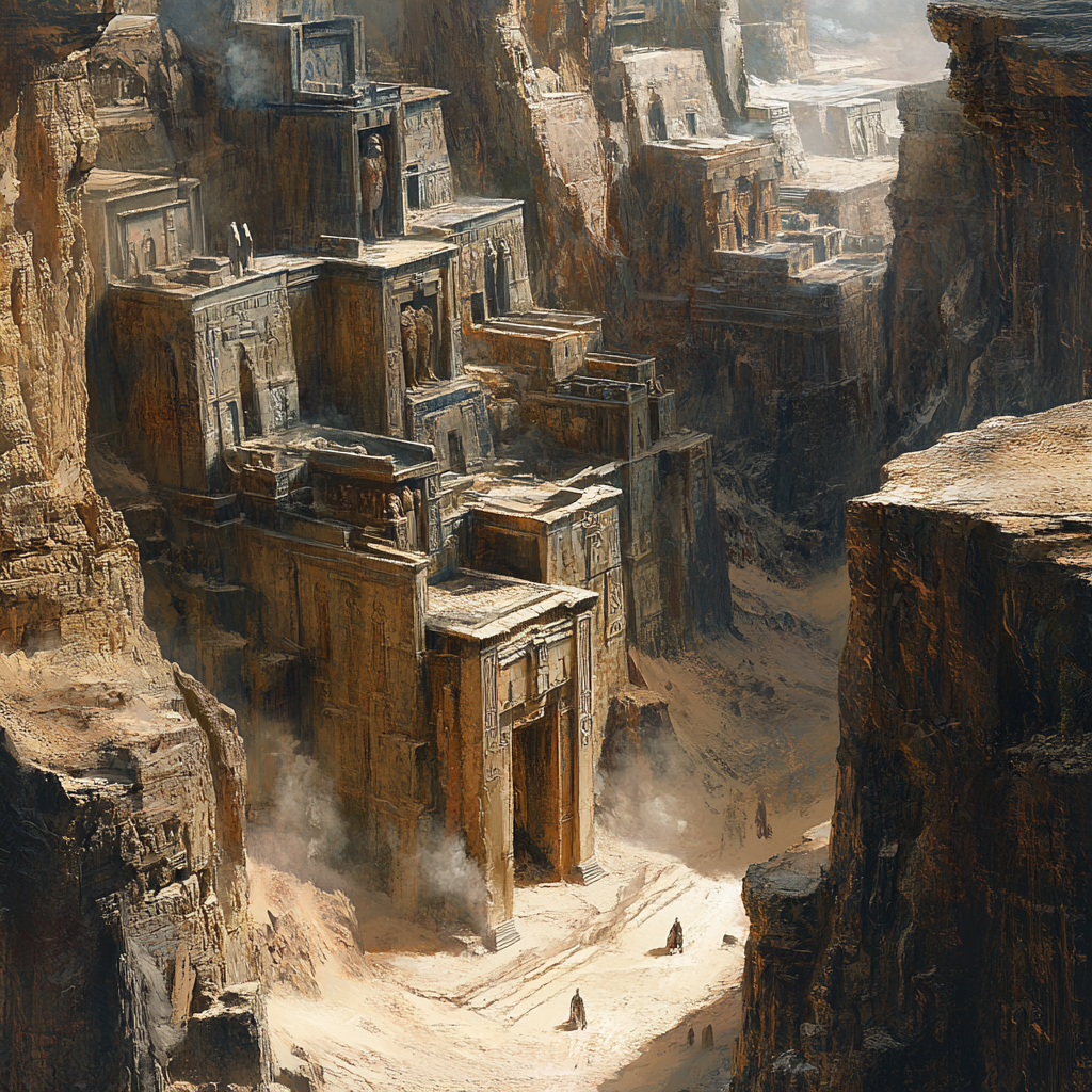 Desert city with ancient tombs and stone buildings.