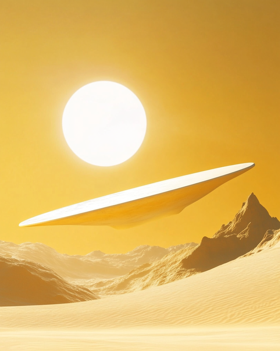 Desert dune with flying oval platform, white sun above.