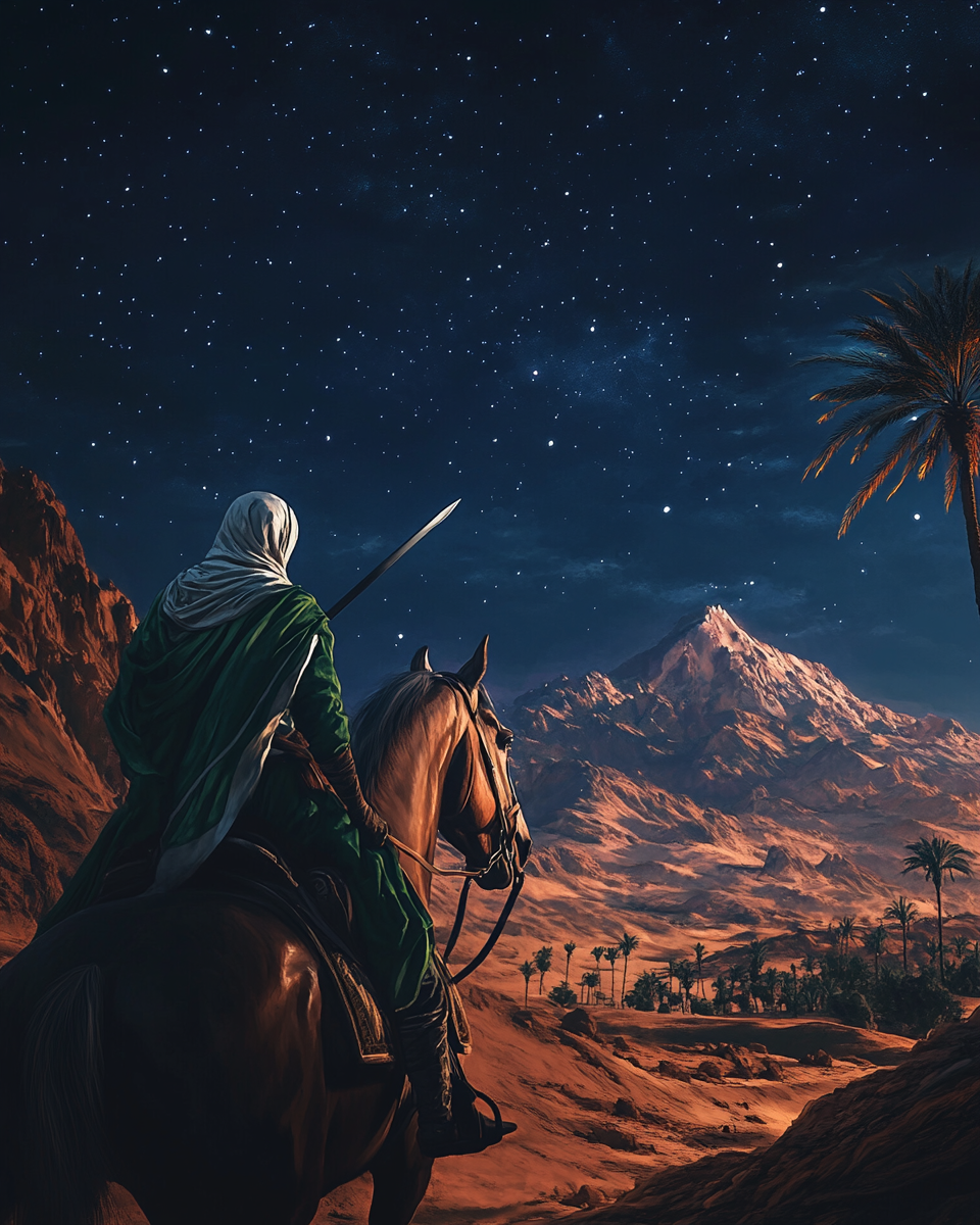 Desert night scene: Horserider in Arabian robes with sword