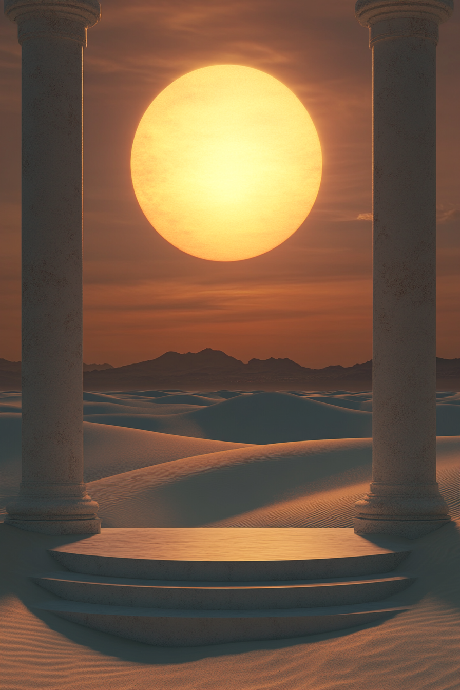 Desert night sky with sunset temple sculpture. Ethereal atmosphere.