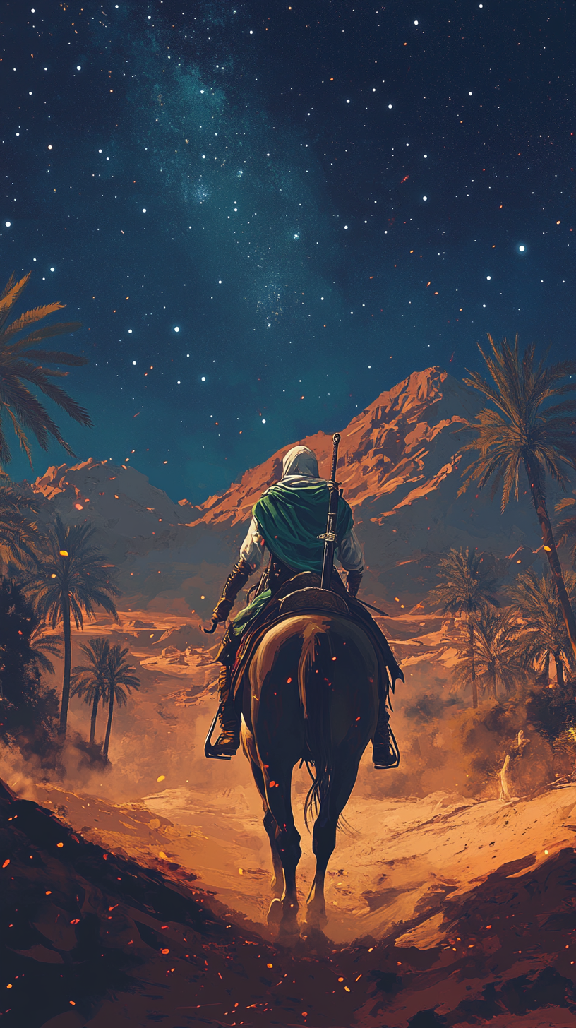 Desert night: Lone horserider in arabian robes, starlit sky