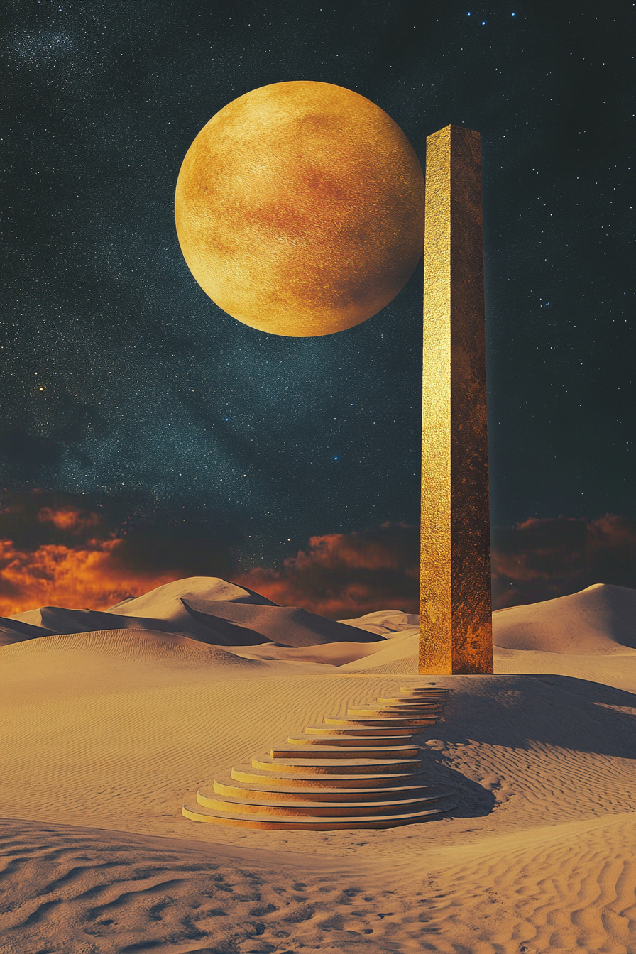 Desert nightsky with sand dune, sunset, temple sculpture.