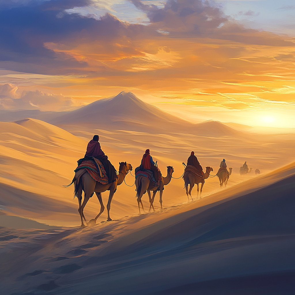 Desert nomads with camels and colorful tents at sunset