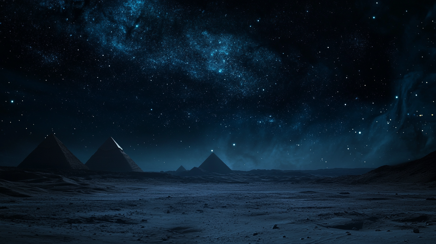 Desert oasis with pyramids in dark galaxy night sky.