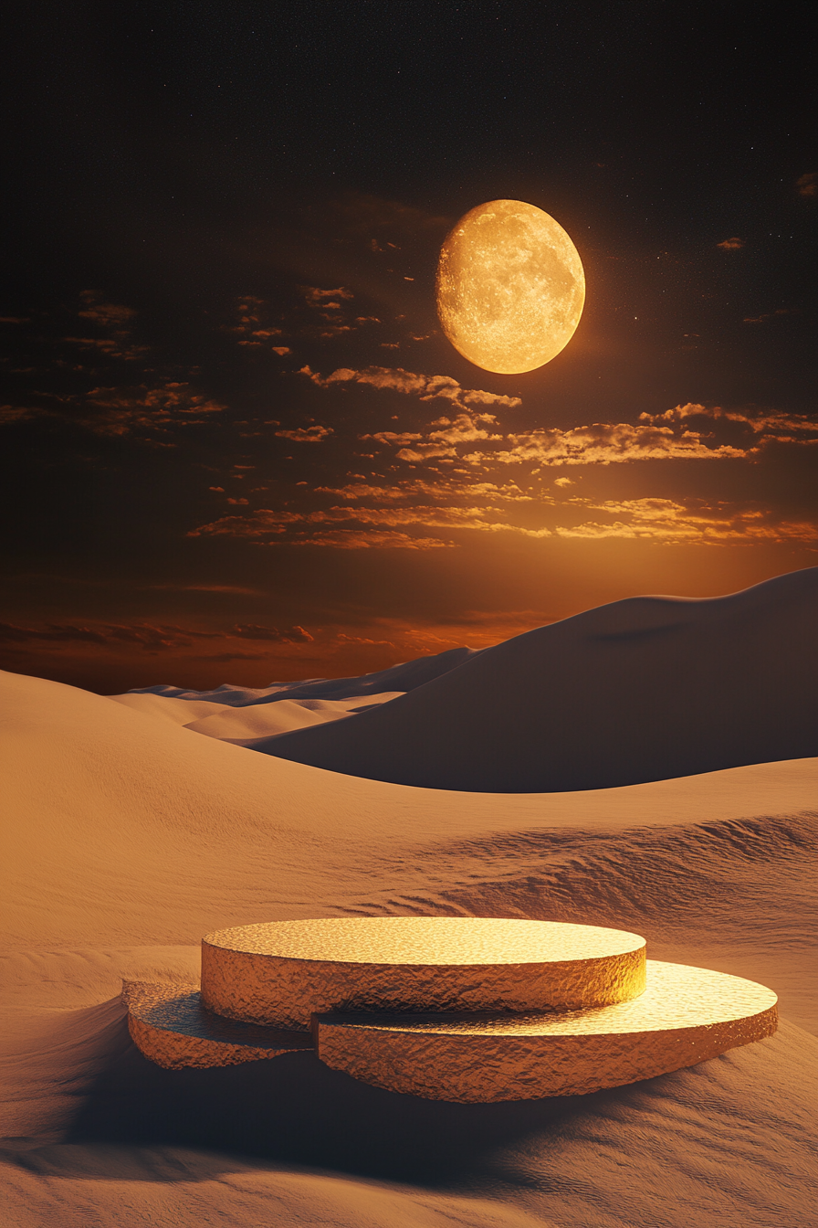 Desert sunset with golden pillar under night sky.