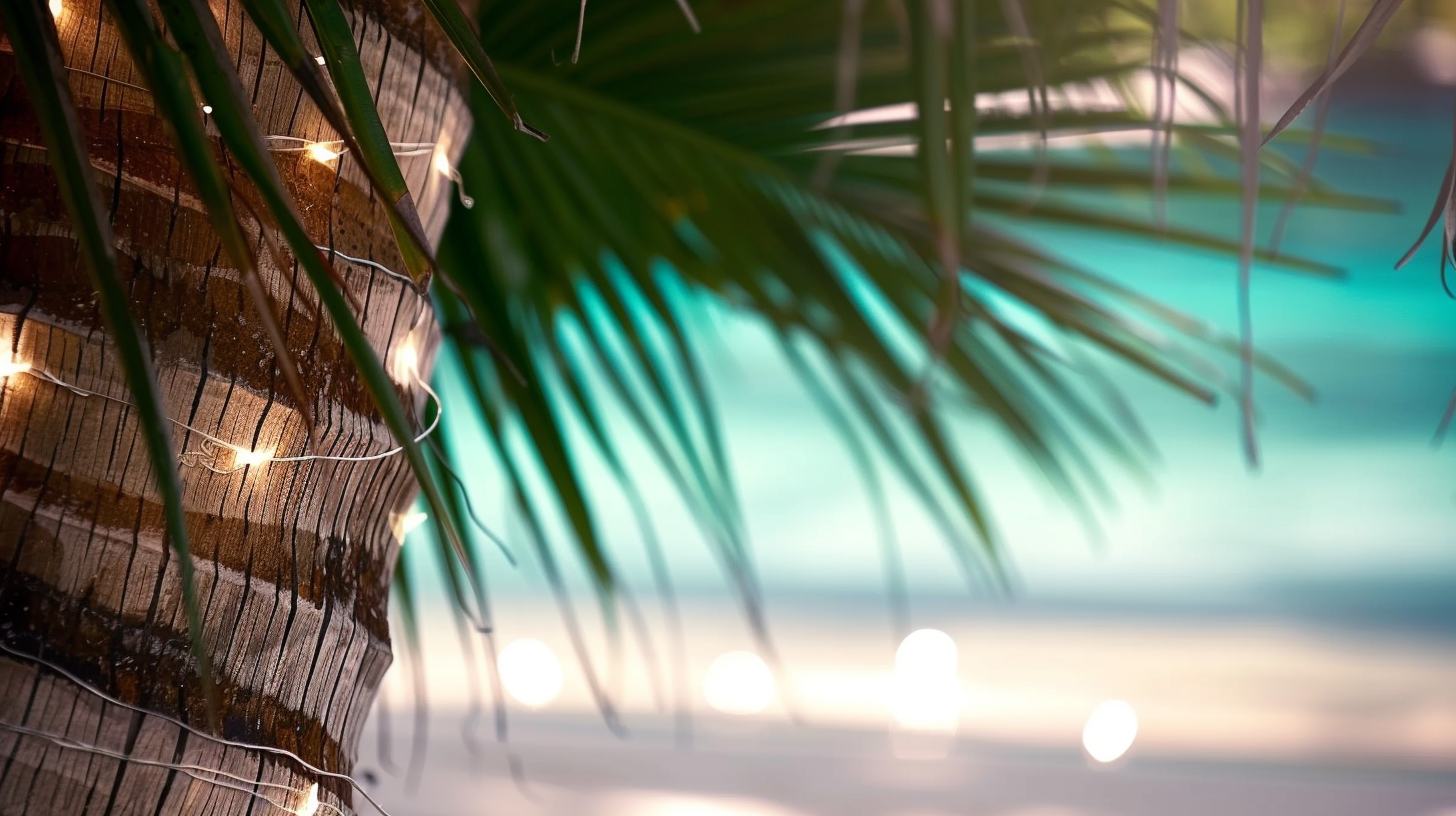 Deserted island beach with fairy lights, turquoise waters.