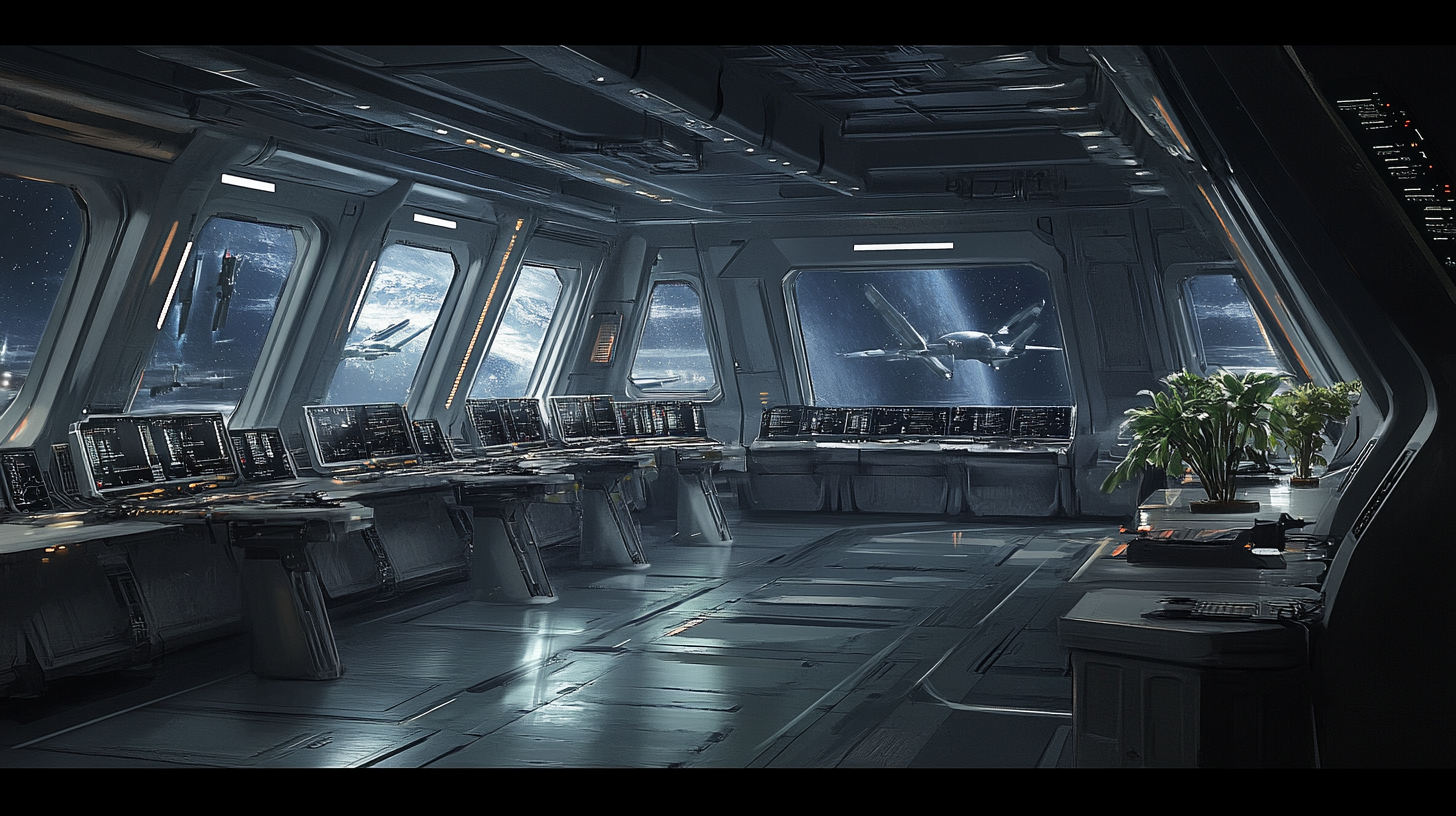 Deserted spaceship command deck with dark, lifeless atmosphere.