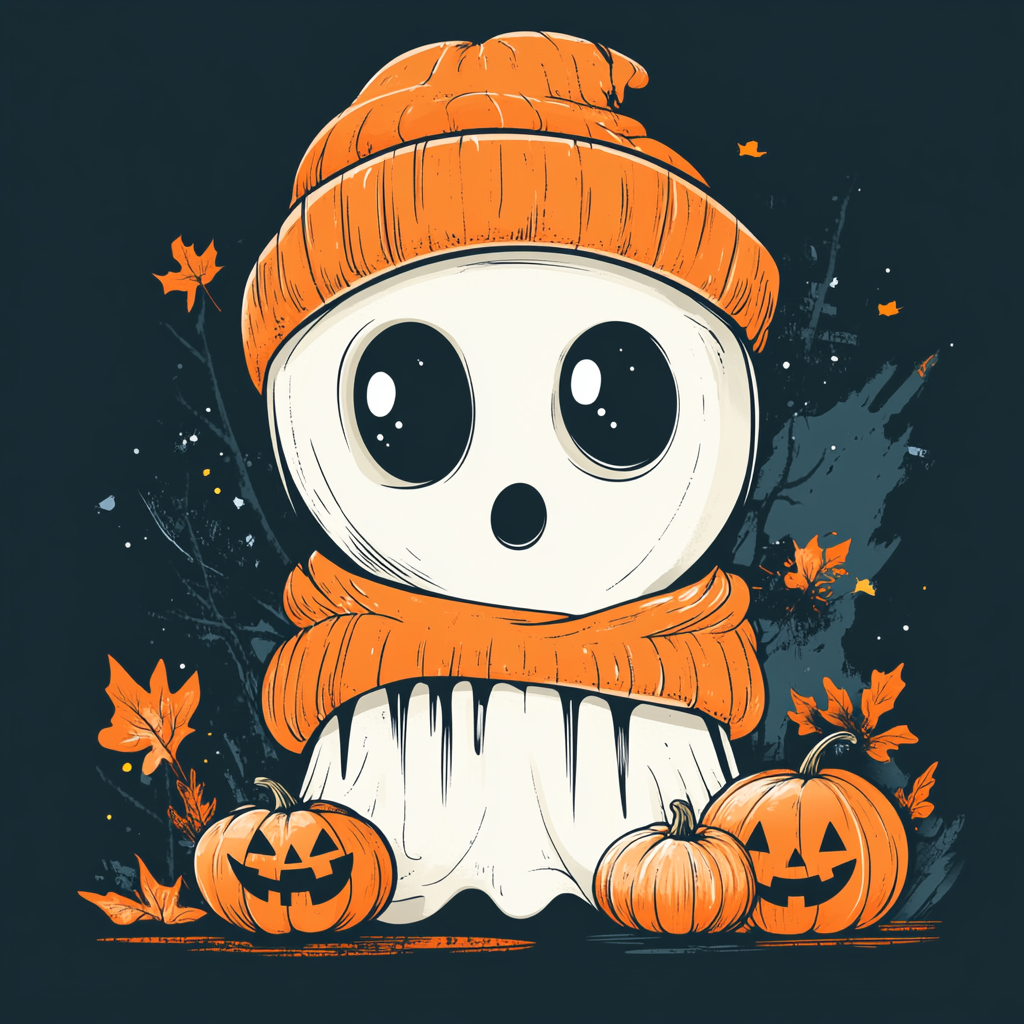 Design Halloween T-shirt with cute ghost and pumpkins.