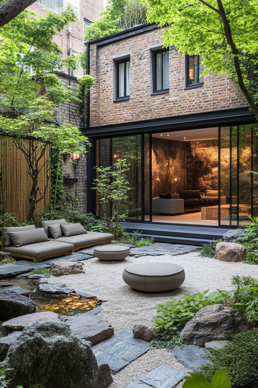 Design Zen patio with clean, natural furniture; serene atmosphere.