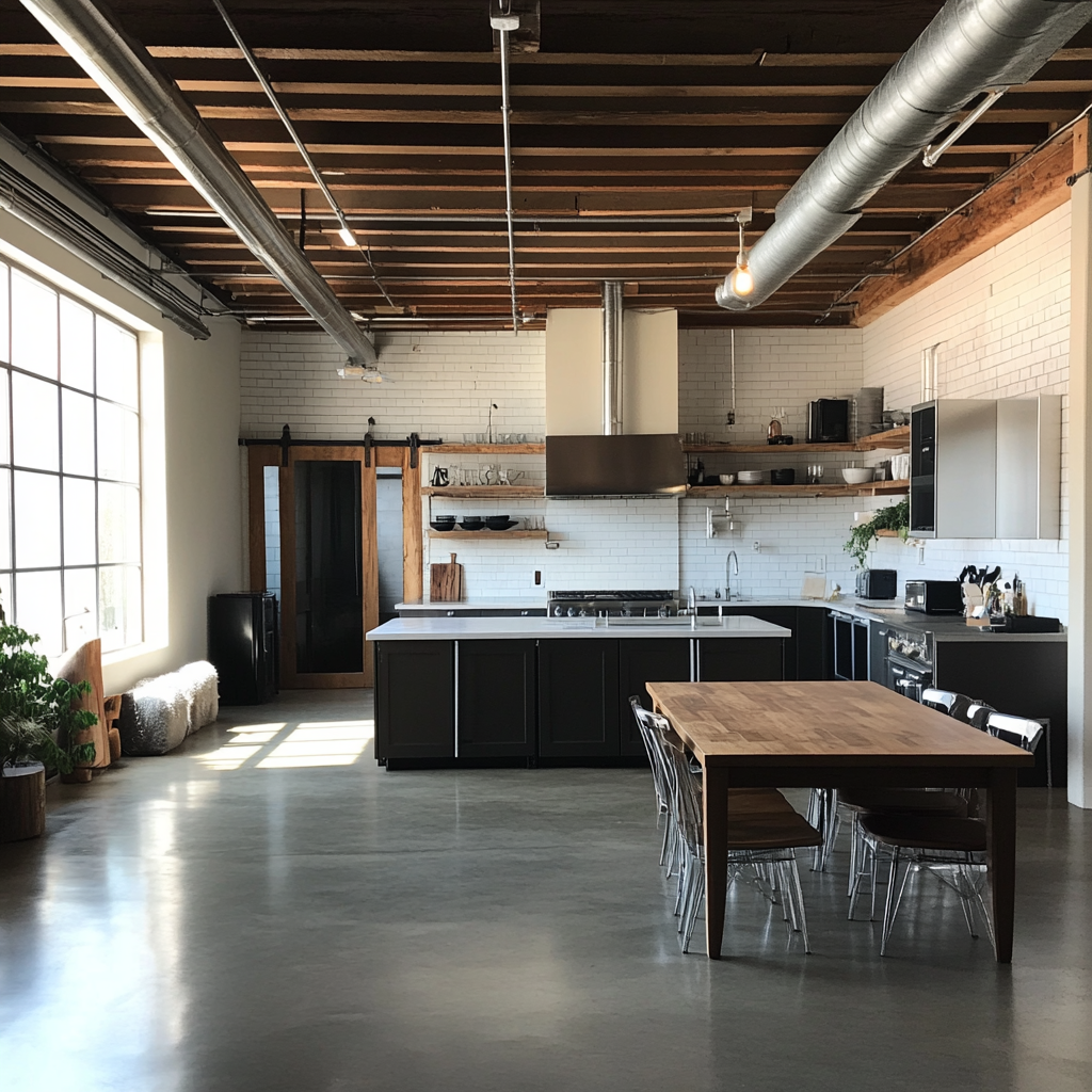 Design a loft with a mezzanine, industrial style.