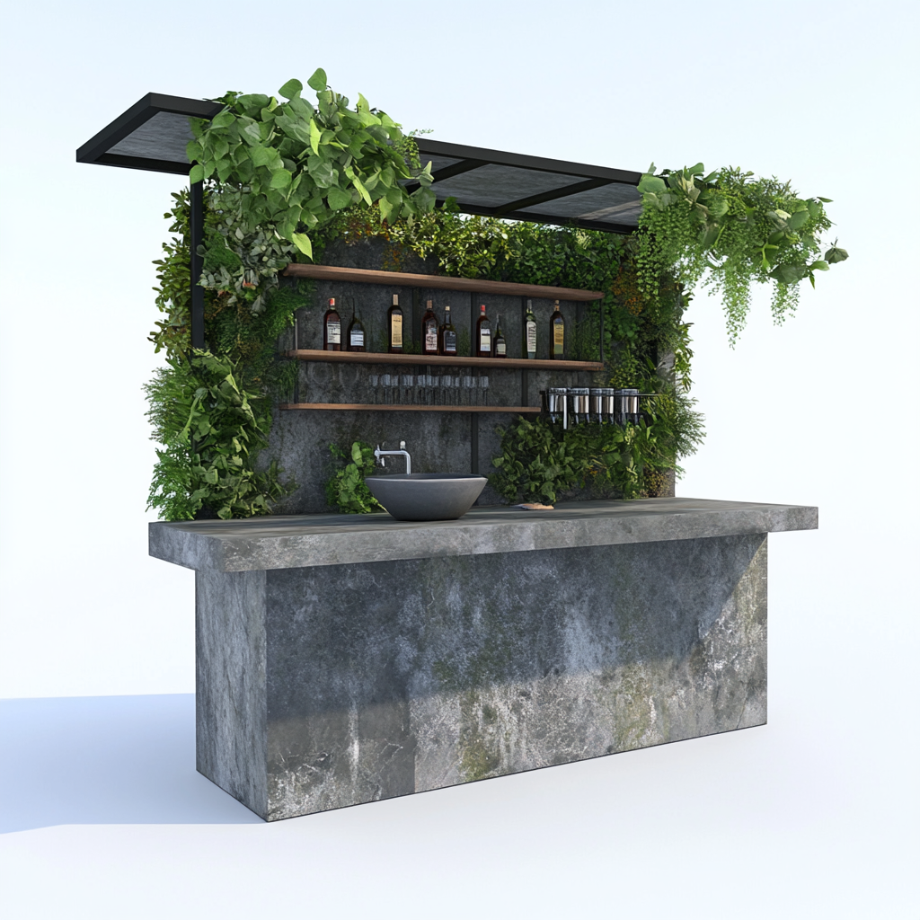 Design a marble and concrete rooftop bar.