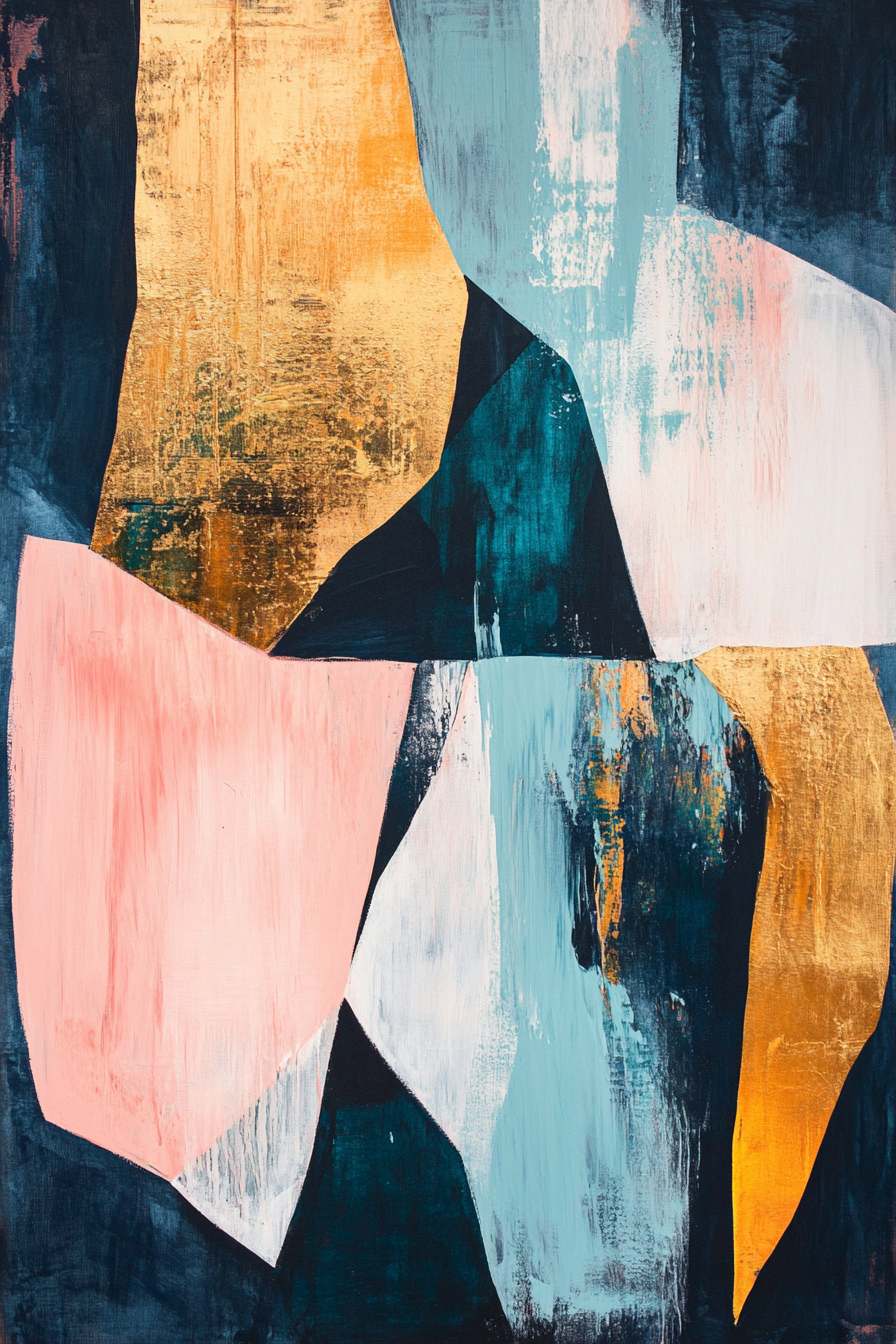 Design bold, abstract painting with navy, blush, gold.