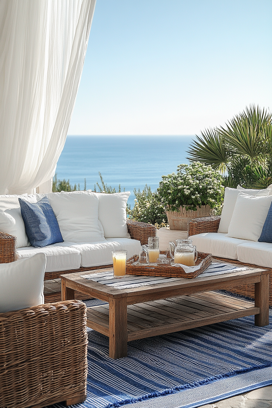 Design breezy coastal patio, white and blue furniture.