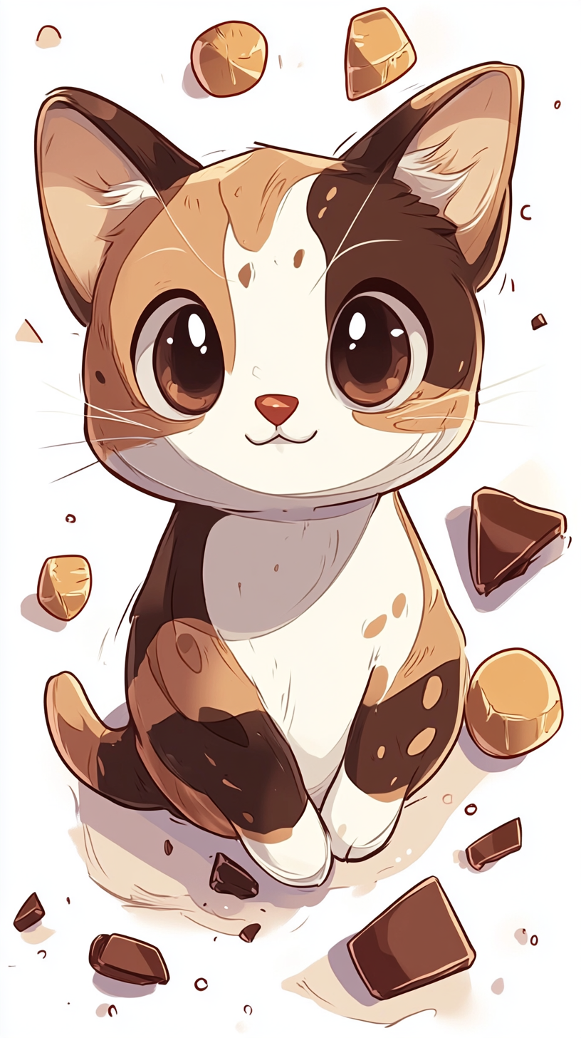 Design chibi-style cat resembling Kinder Bueno chocolate.