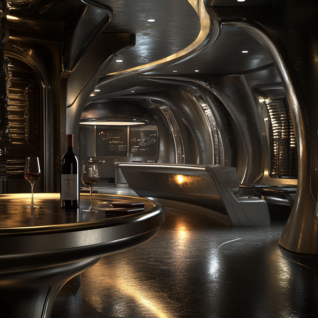 Design futuristic space colony with sleek metallic walls.