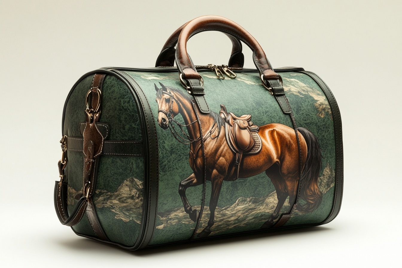 Design green travel bag with horse imprint using Pantone.