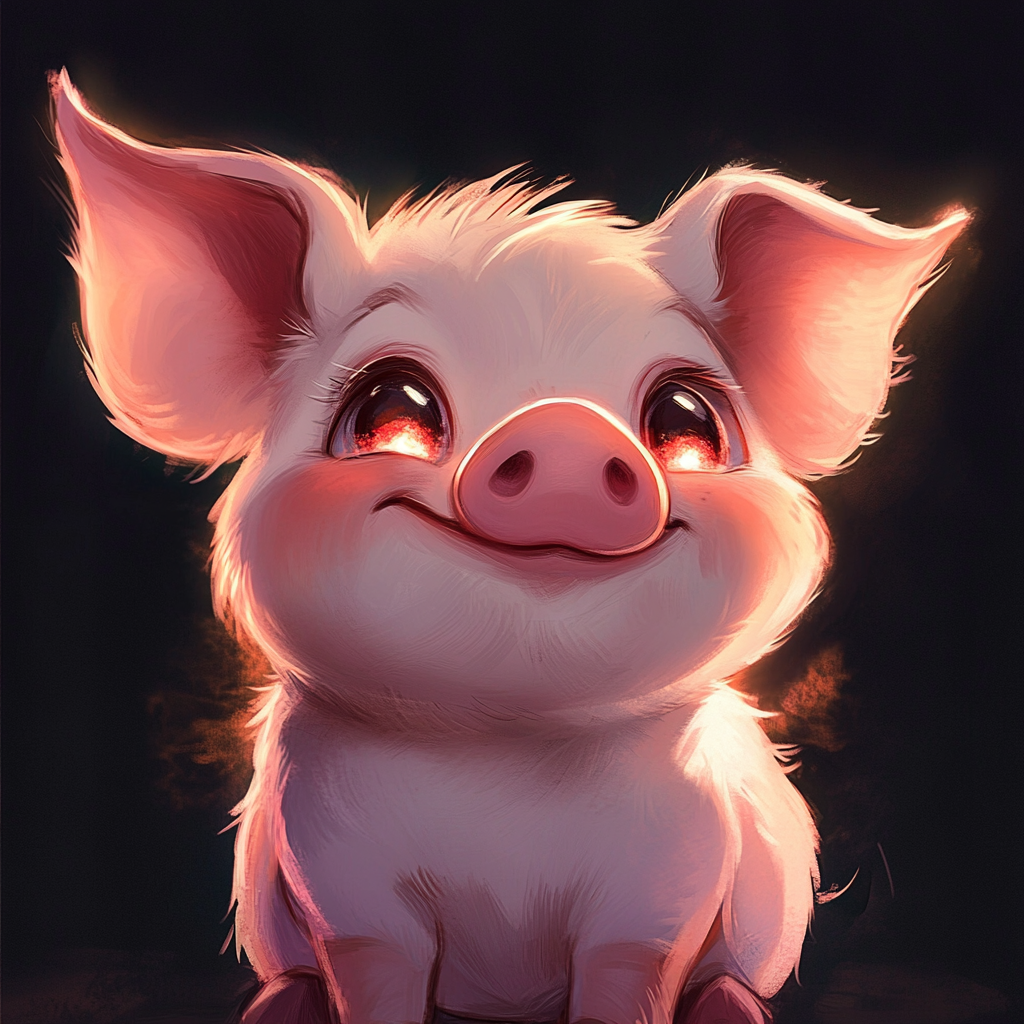 Design happy, chibi-style anime pig with glowing eyes.