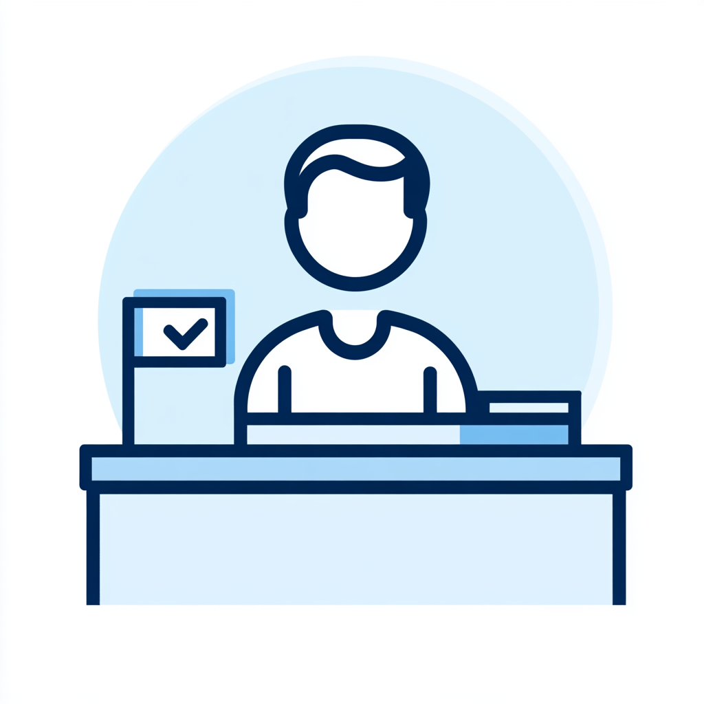 Design icon featuring person holding badge at reception desk.